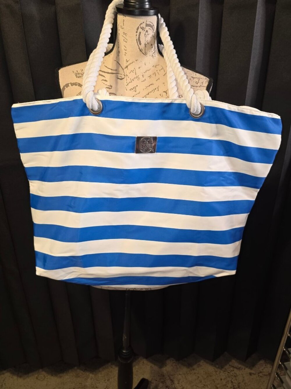 Blue & White Striped Nautical Tote Bag With Rope Handles & Zipper Closure By B&C